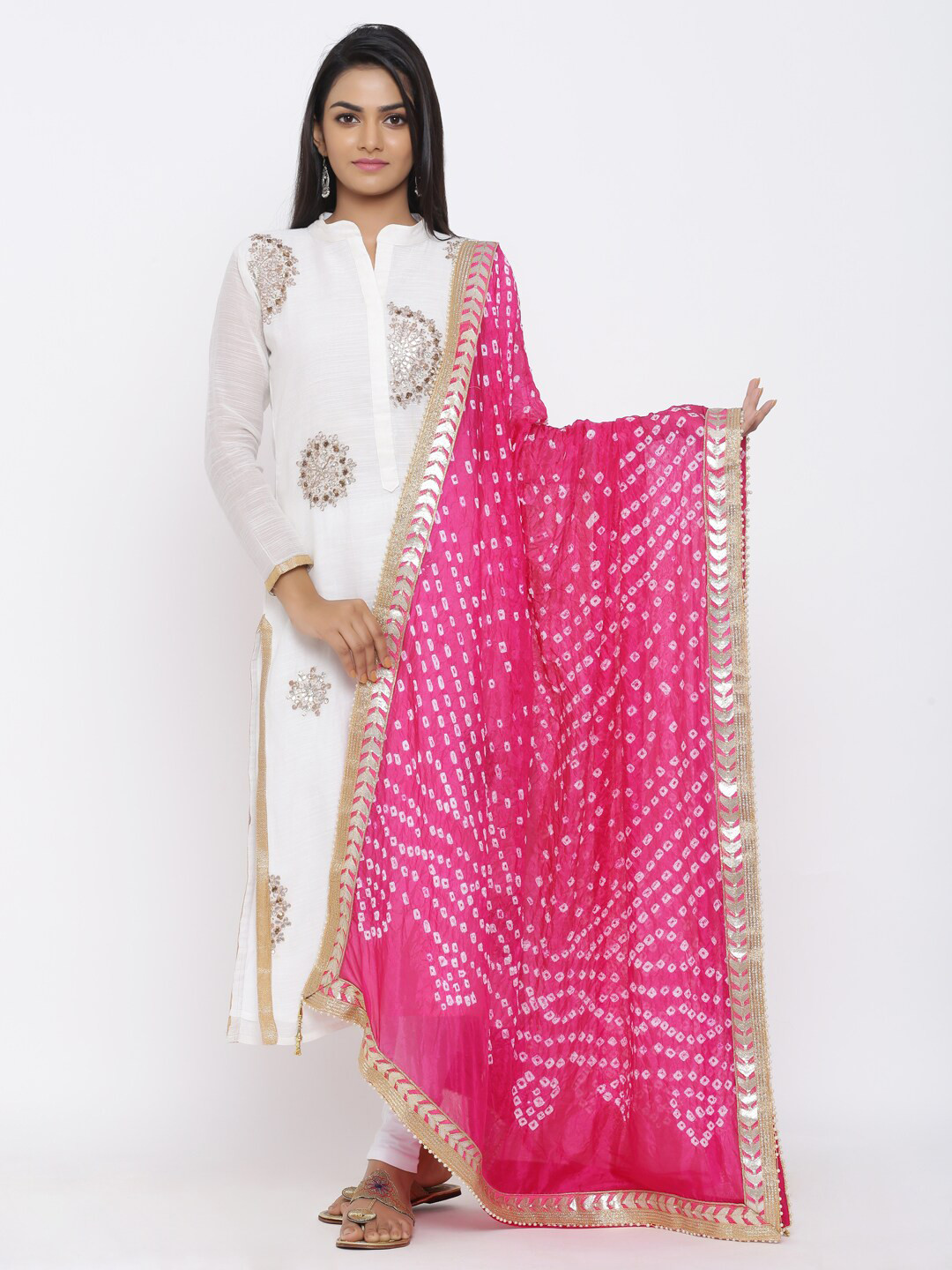 

SOUNDARYA Women Pink & White Printed Art Silk Gotta Patti Bandhani Dupatta