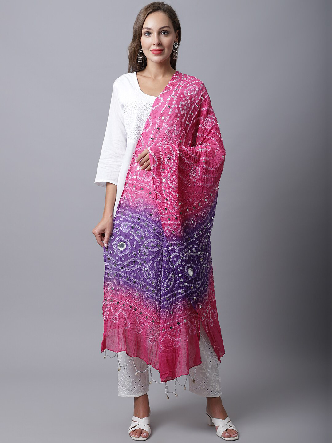 

SOUNDARYA Women Pink & Violet Printed Pure Cotton Bandhani Dupatta with Mirror Work