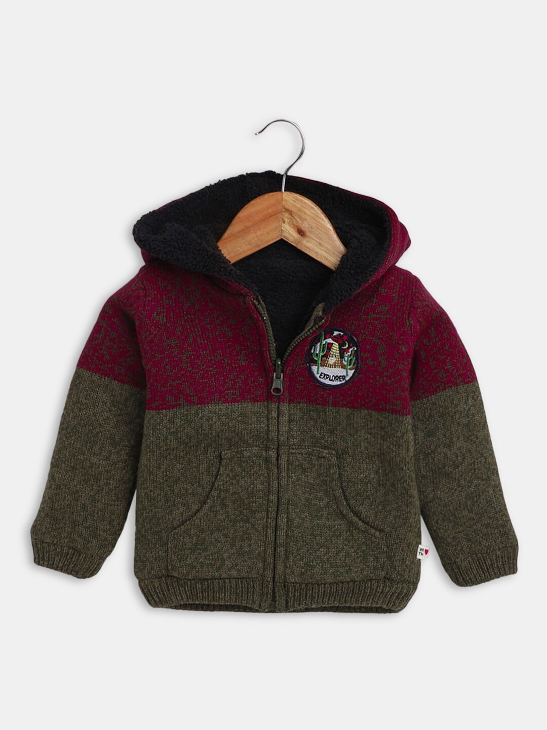 

Hopscotch Boys Green & Maroon Colourblocked Wool Cardigan Sweater