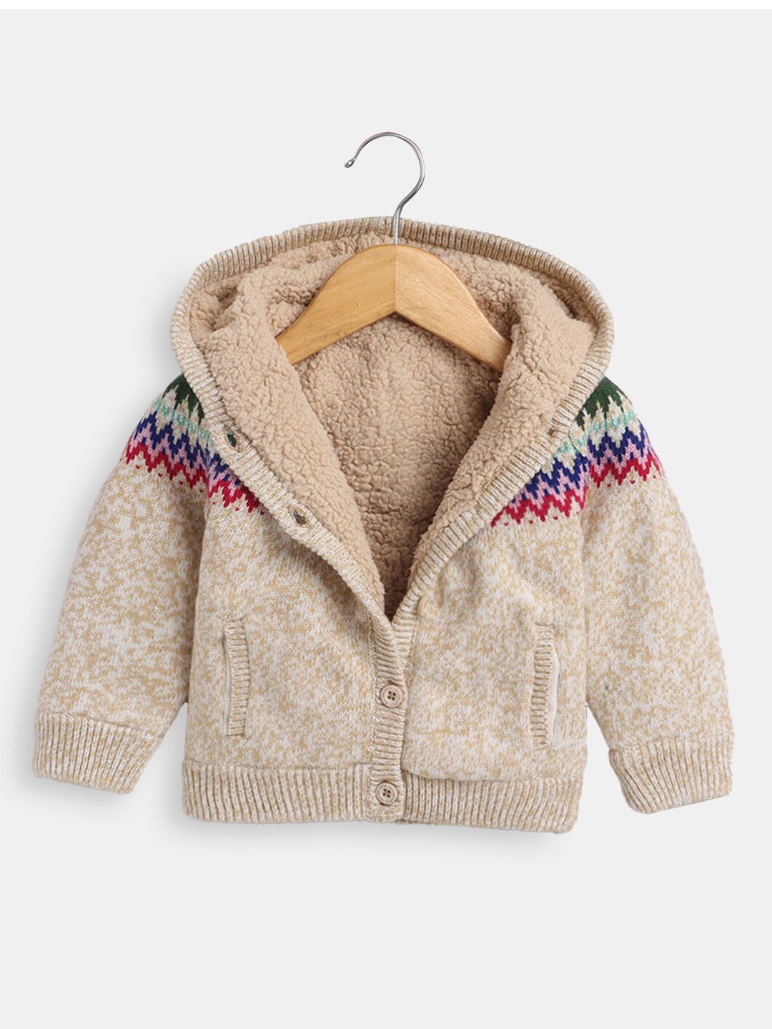 

Hopscotch Girls Beige Geometric Acrylic Open Front Jacket