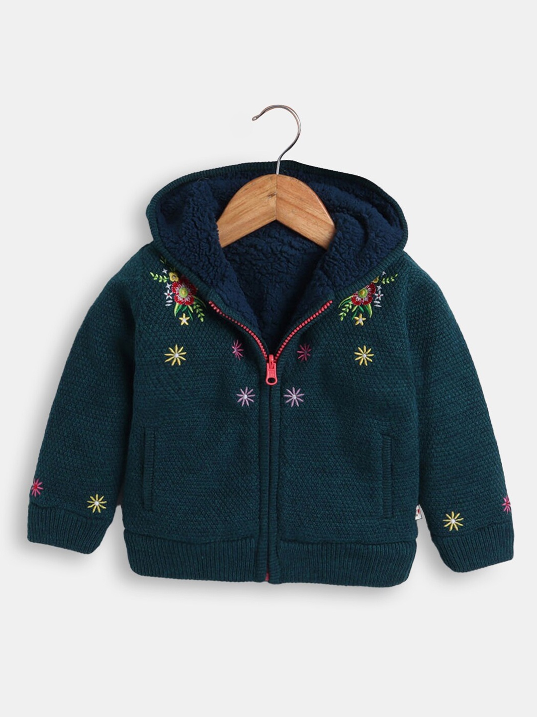 

Hopscotch Girls Green Floral Embroidered Acrylic Open Front Jacket