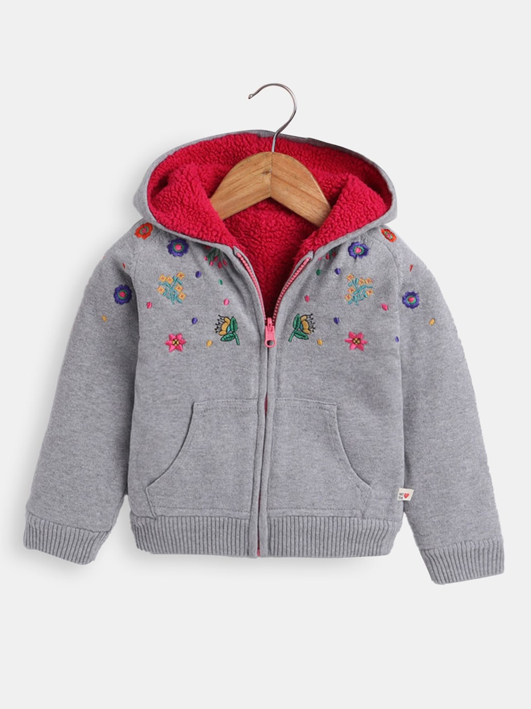 

Hopscotch Girls Grey & Red Floral Embroidered Acrylic Open Front Jacket