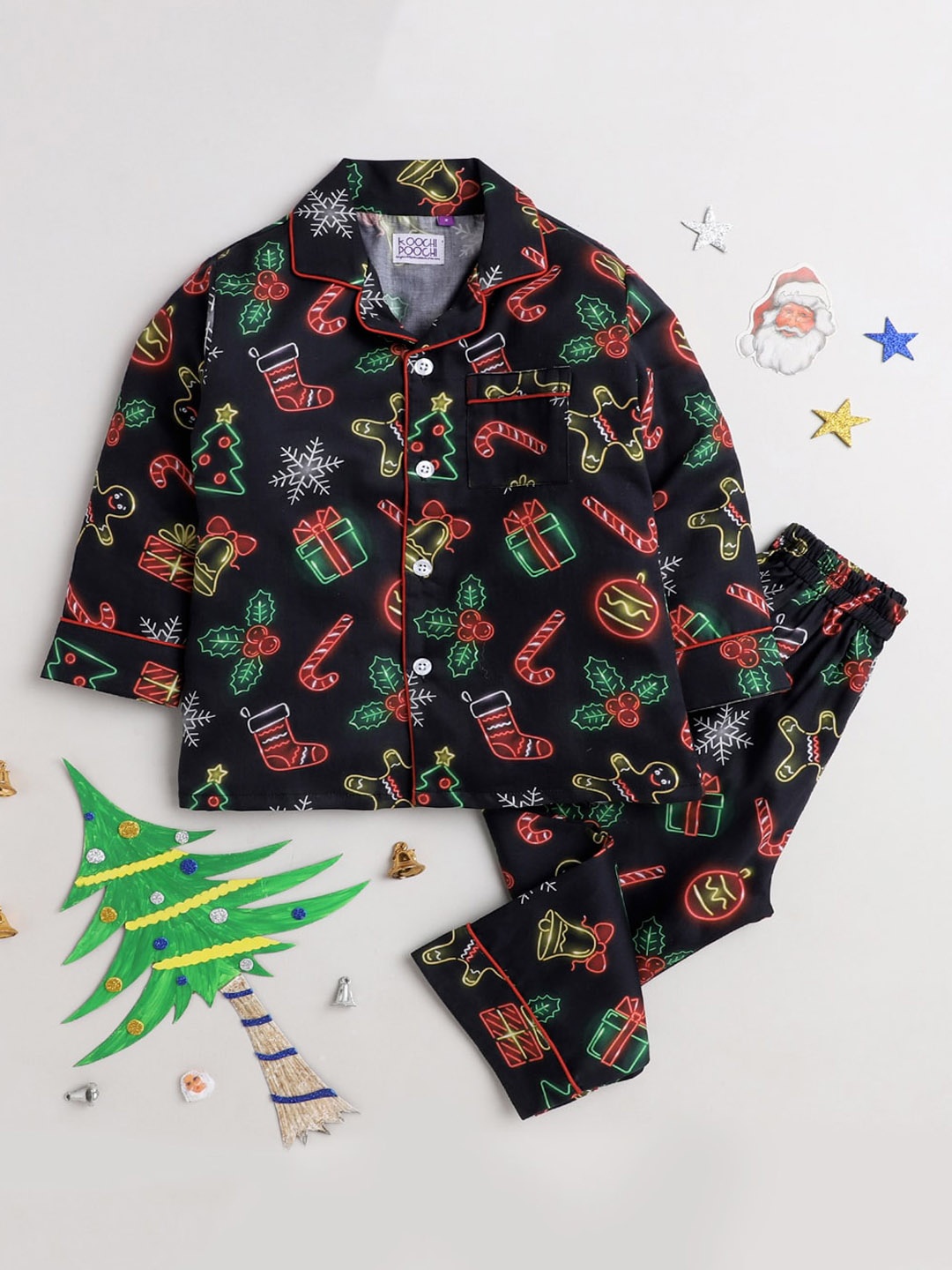 

KOOCHI POOCHI Unisex Kids Black & Green Pure Cotton Printed Night suit