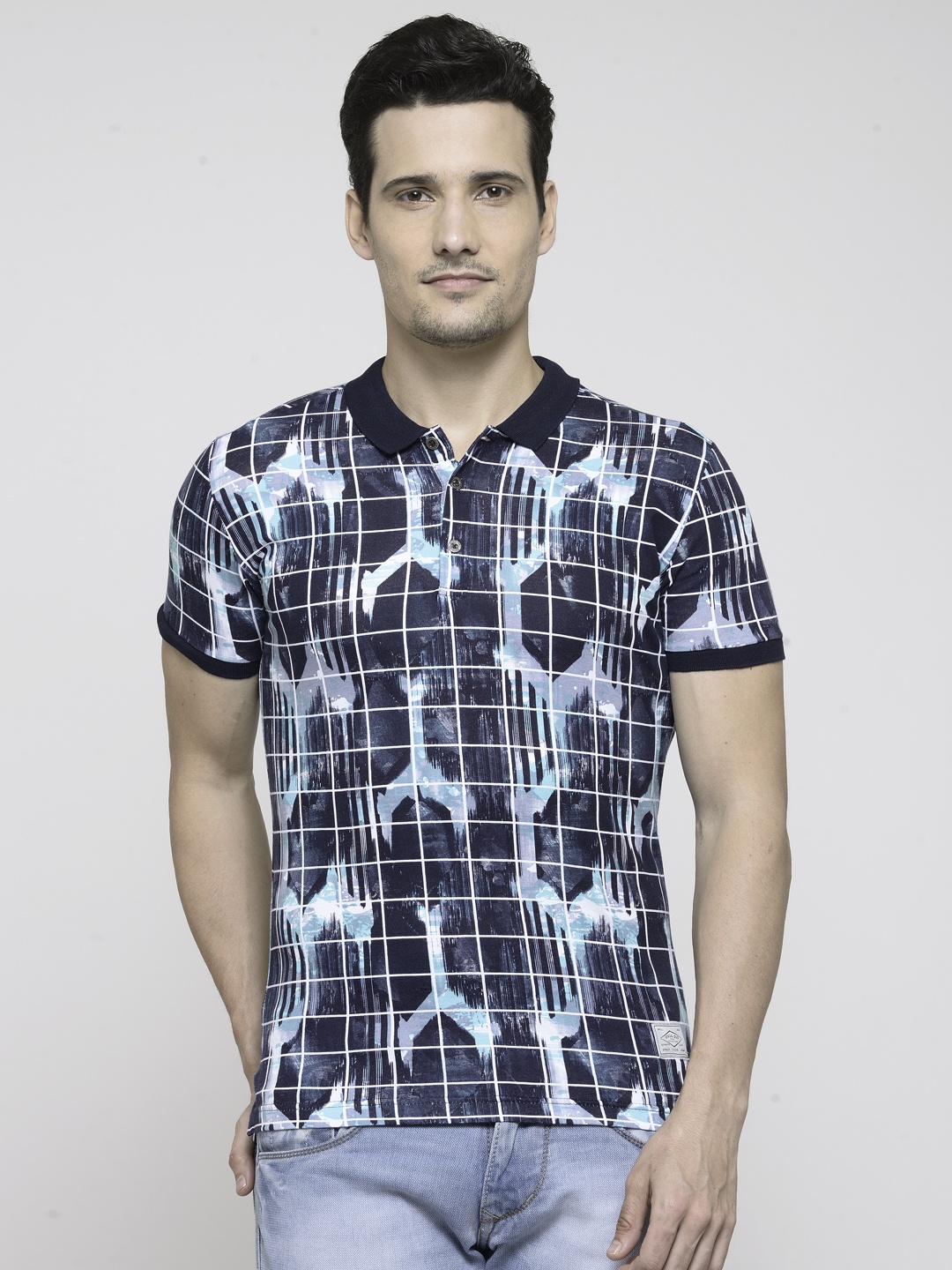 

Status Quo Men Navy Blue Printed Polo Collar T-shirt