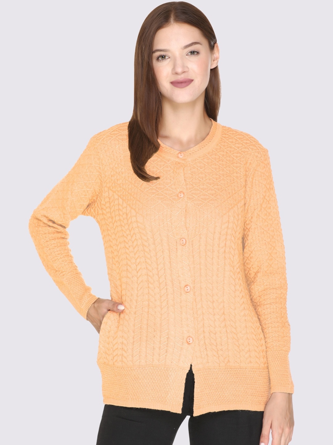 

GODFREY Women Orange Cable Knit Cardigan Sweaters