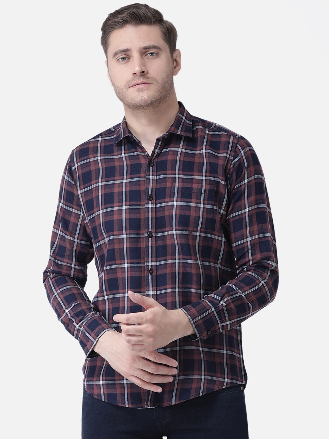 

Zeal Men Comfort Tartan Checks Casual Pure Cotton Shirt, Navy blue