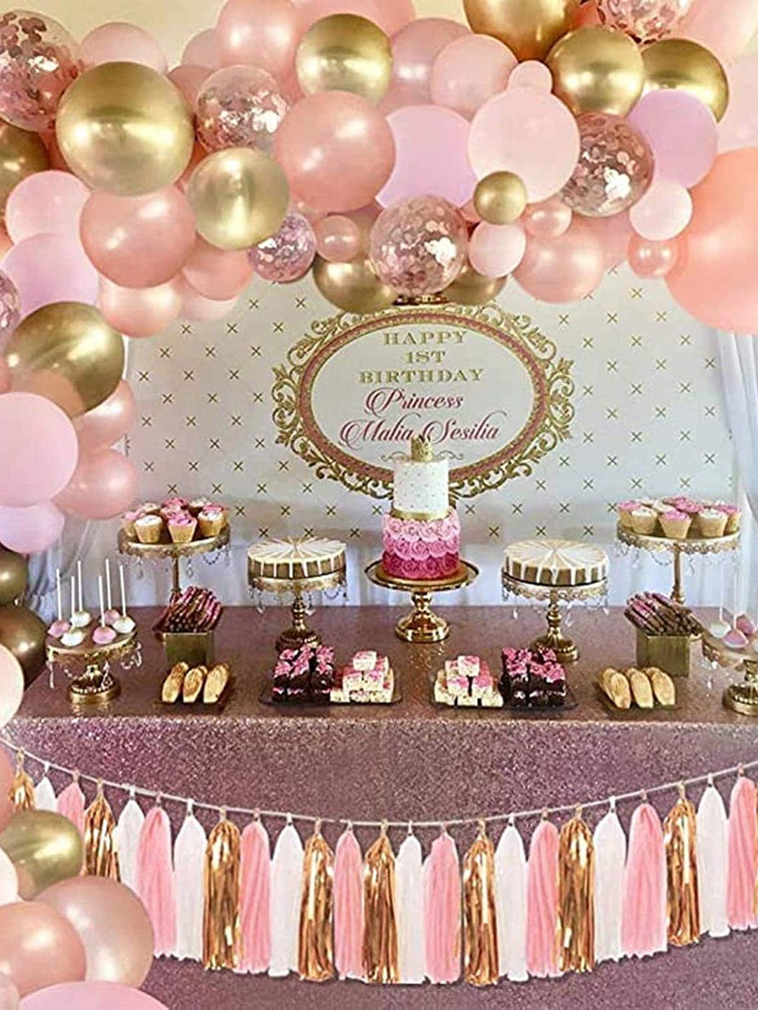 

CHOCOZONE Pack Of 114 Gold & Pink Solid Birthday Decoration Balloons With Ribbons