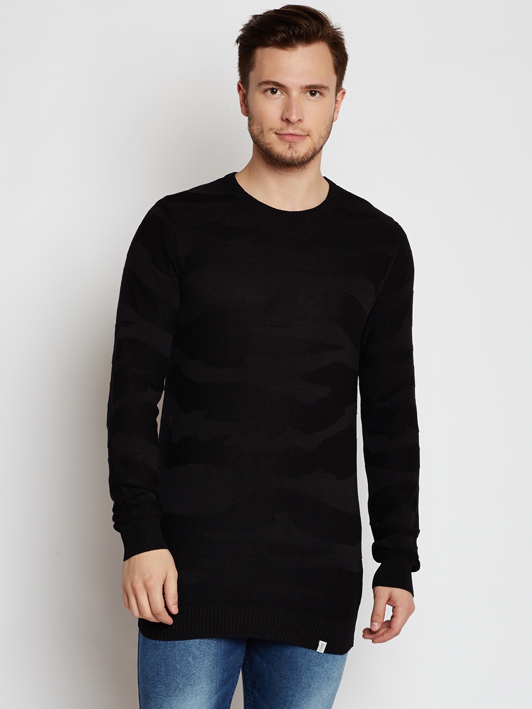 

Jack & Jones Men Black Self-Design Pullover