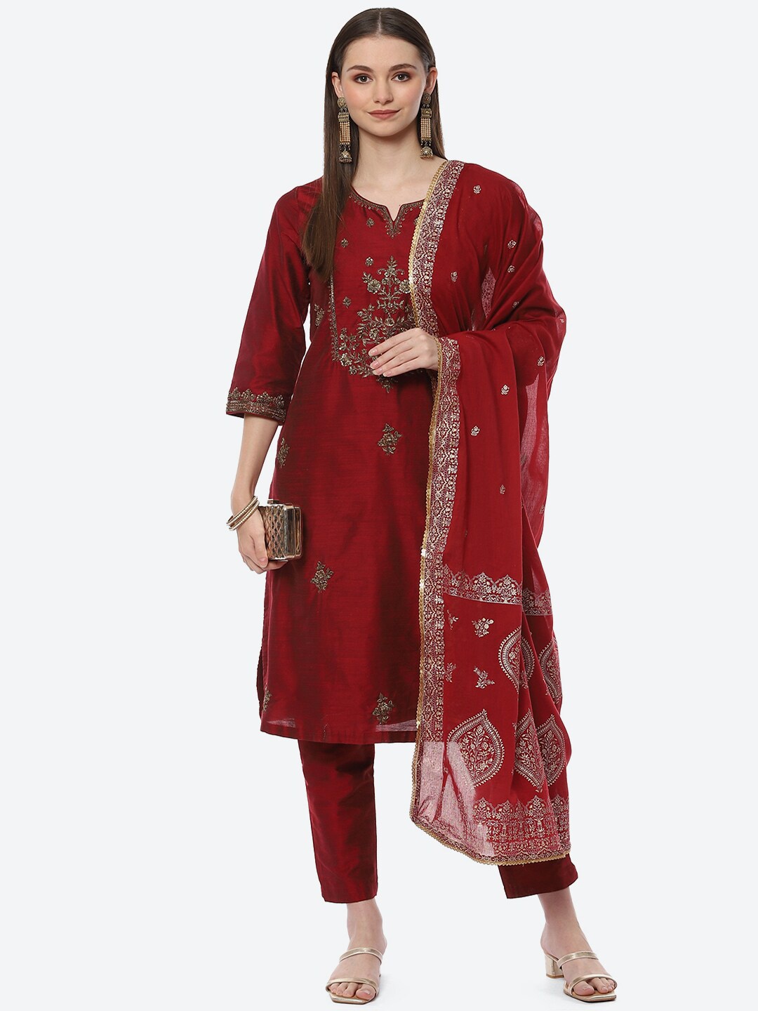 

Biba Women Maroon Ethnic Motifs Embroidered Beads and Stones Kurta with Trousers & Dupatta