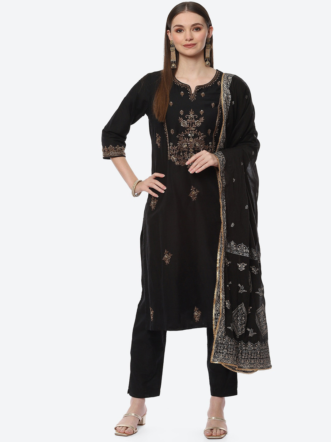 

Biba Women Black Ethnic Motifs Embroidered Beads and Stones Kurta with Trousers & Dupatta