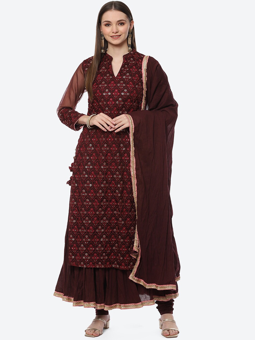 

Biba Women Maroon Floral Embroidered Layered Kurta with Churidar With Dupatta