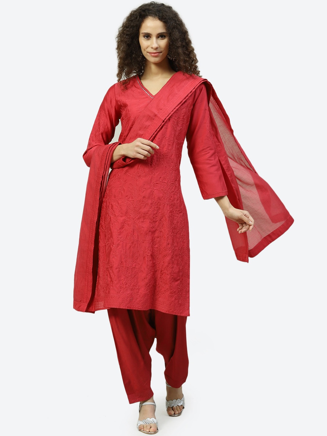 

Biba Floral Embroidered Sequinned Chanderi Silk Kurta with Salwar & With Dupatta, Red