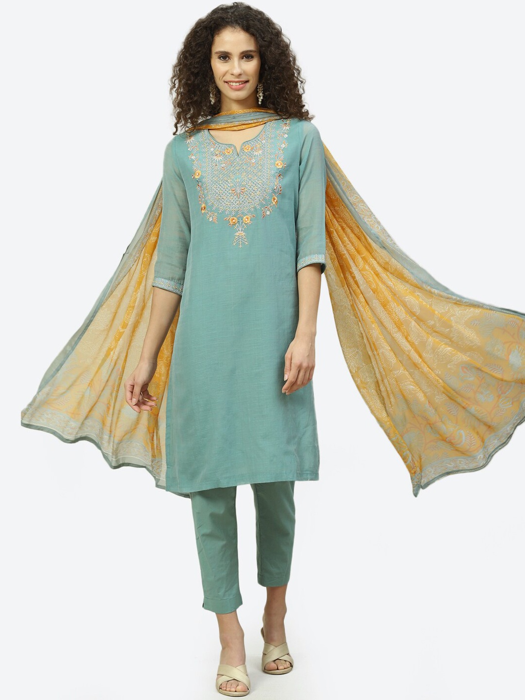 

Biba Women Green Floral Embroidered Thread Work Kurta with Trousers With Dupatta