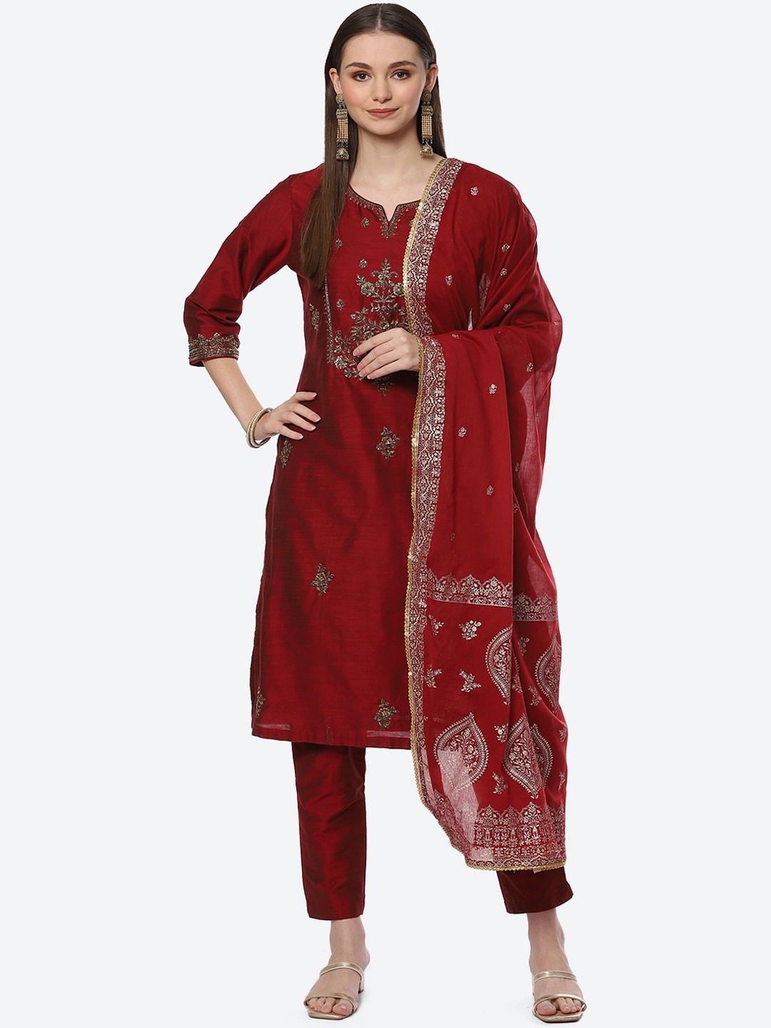 

Biba Women Maroon Floral Embroidered Zardozi Kurta with Trousers With Dupatta
