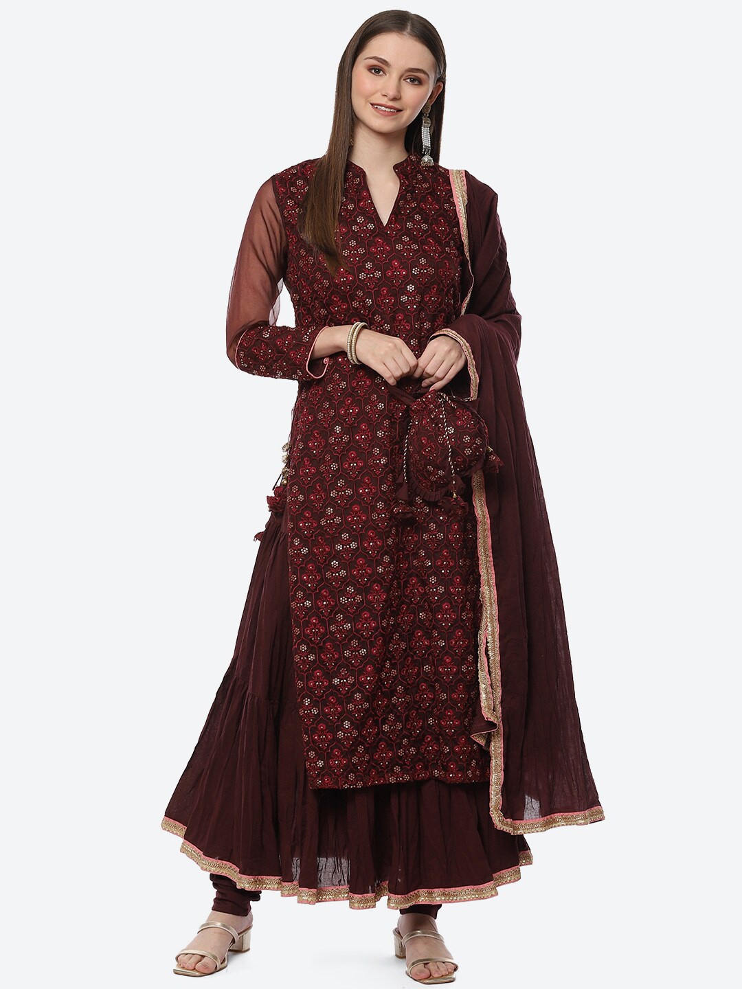 

Biba Women Maroon Floral Embroidered Layered Sequinned Kurta with Churidar With Dupatta