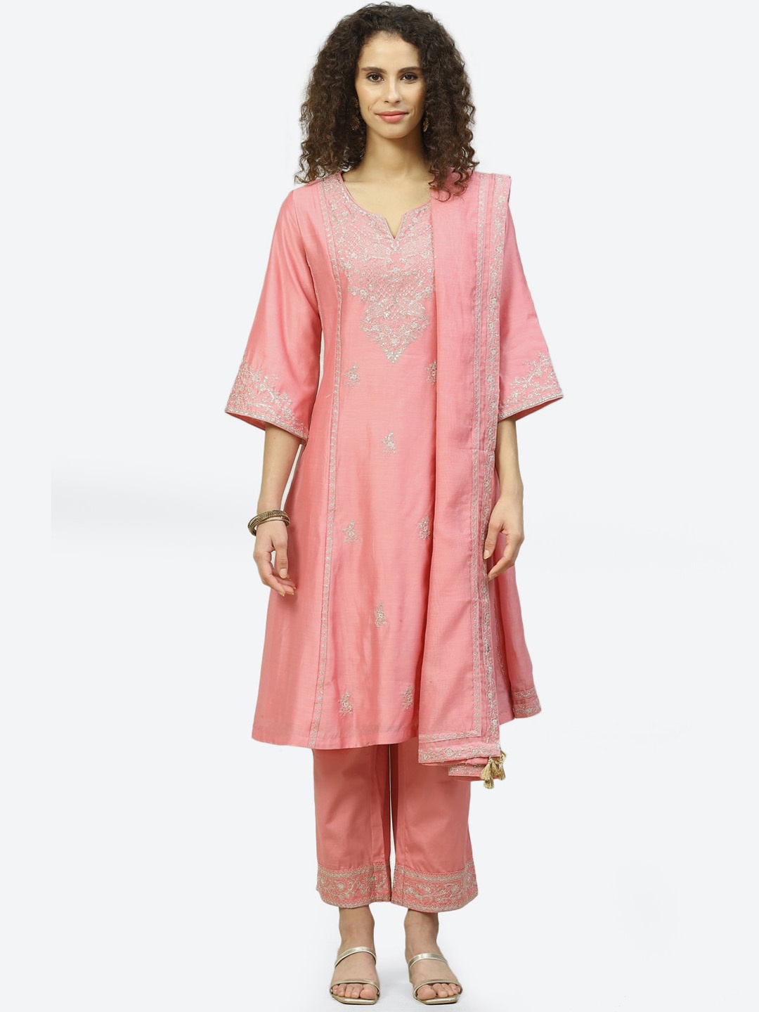 

Biba Women Pink Embroidered Sequinned Kurta with Trousers With Dupatta