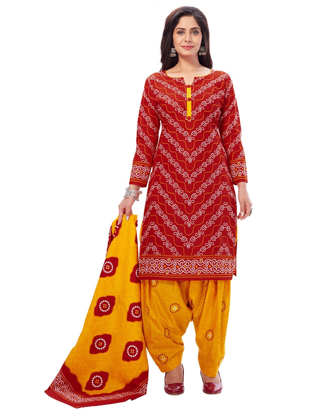 

SALWAR STUDIO Women Red & Yellow Printed Pure Cotton Unstitched Dress Material