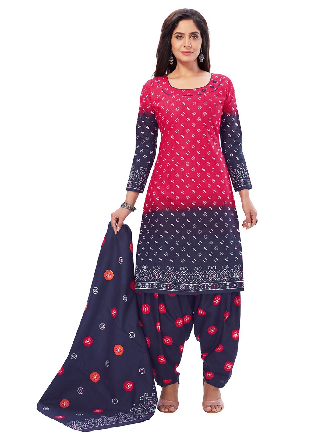

SALWAR STUDIO Women Pink & Navy Blue Printed Pure Cotton Unstitched Dress Material