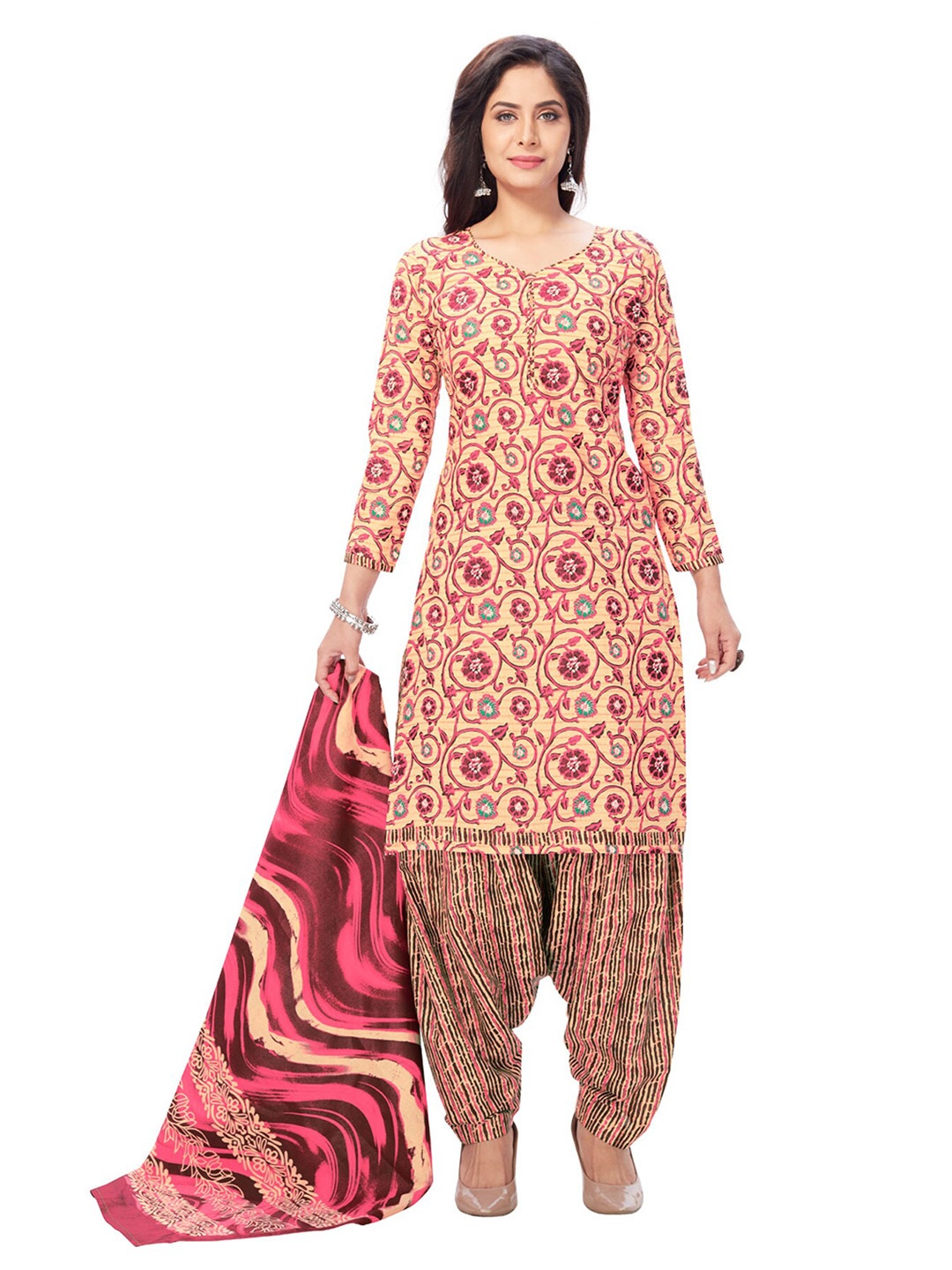 

SALWAR STUDIO Women Beige & Pink Printed Pure Cotton Unstitched Dress Material