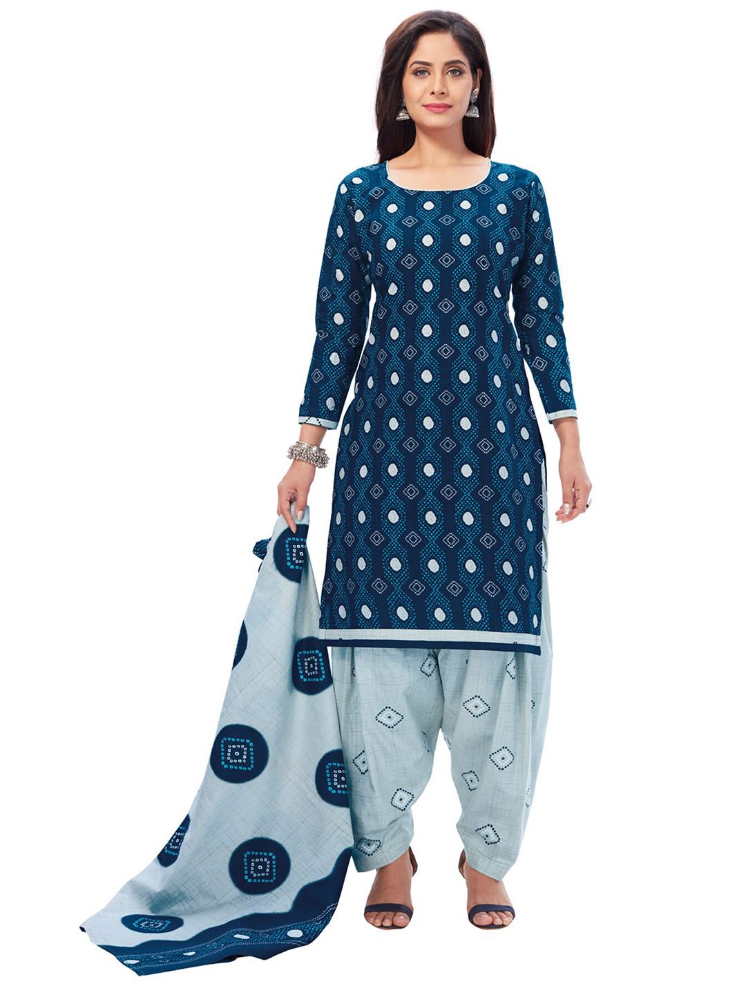 

SALWAR STUDIO Women Blue & White Printed Pure Cotton Unstitched Dress Material
