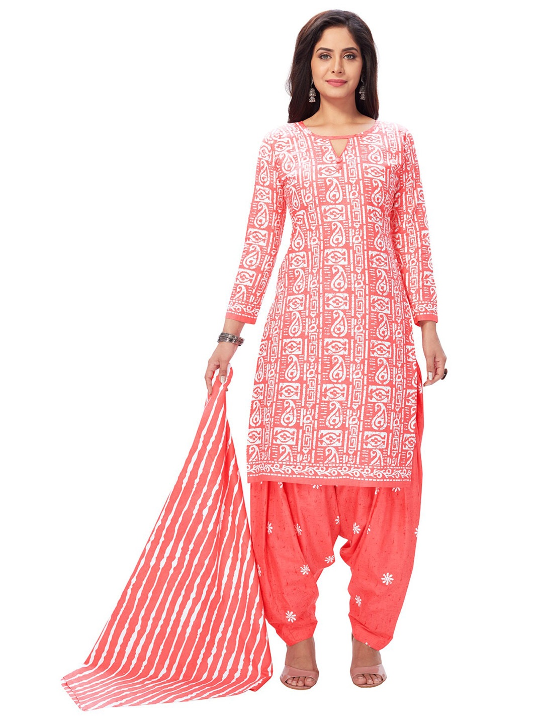 

SALWAR STUDIO Women Peach-Coloured & White Printed Pure Cotton Unstitched Dress Material