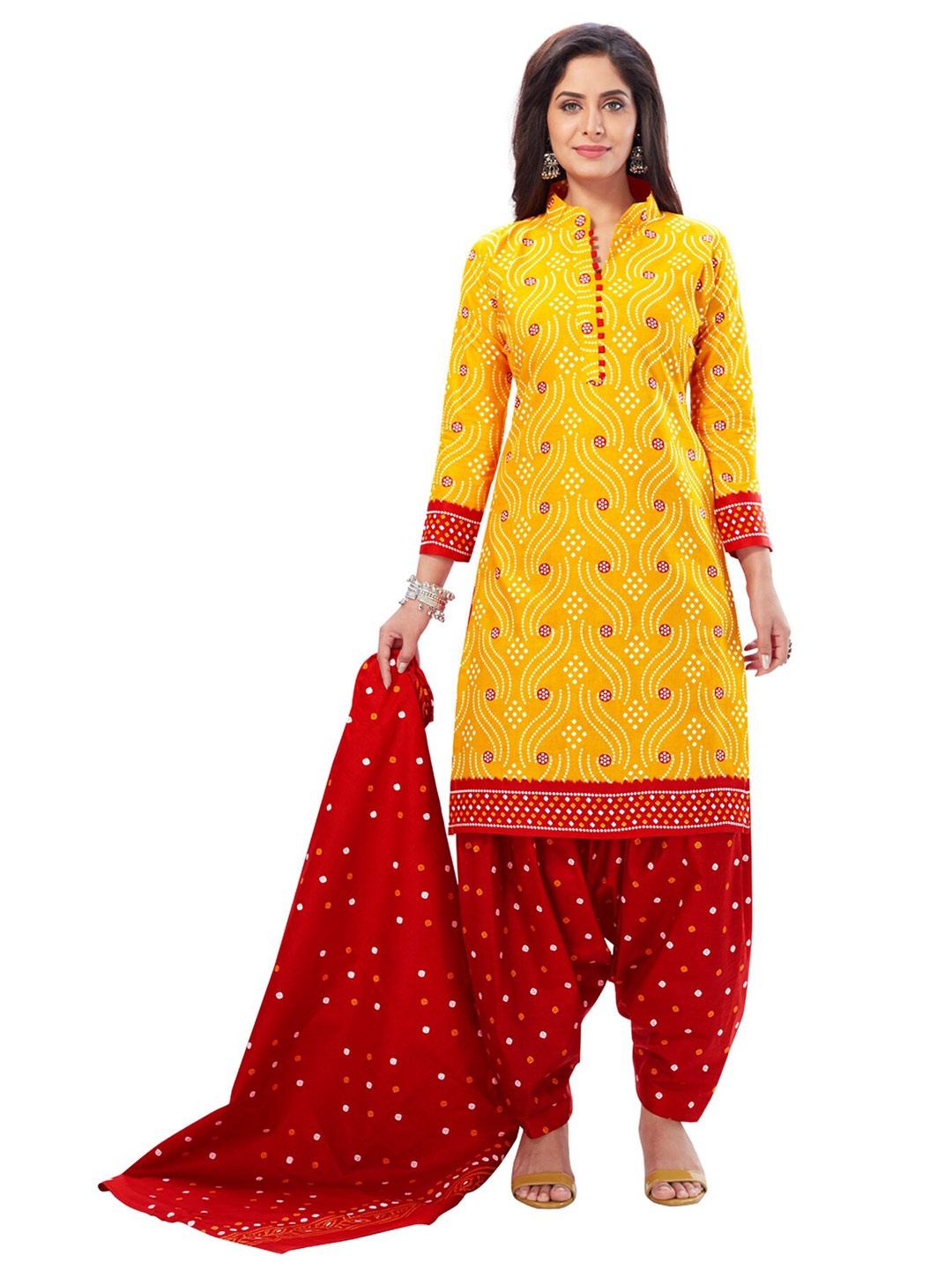

SALWAR STUDIO Women Yellow & Red Printed Pure Cotton Unstitched Dress Material