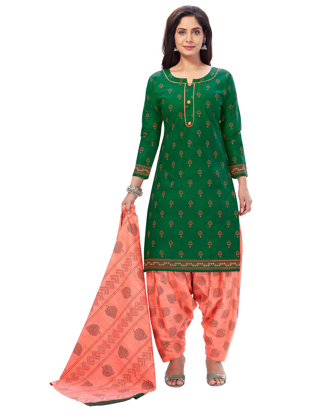 

SALWAR STUDIO Women Green & Peach-Coloured Printed Pure Cotton Unstitched Dress Material