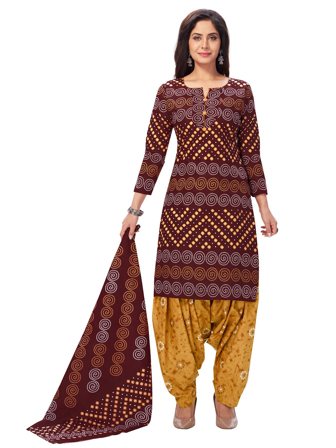 

SALWAR STUDIO Women Brown & Mustard Printed Pure Cotton Unstitched Dress Material
