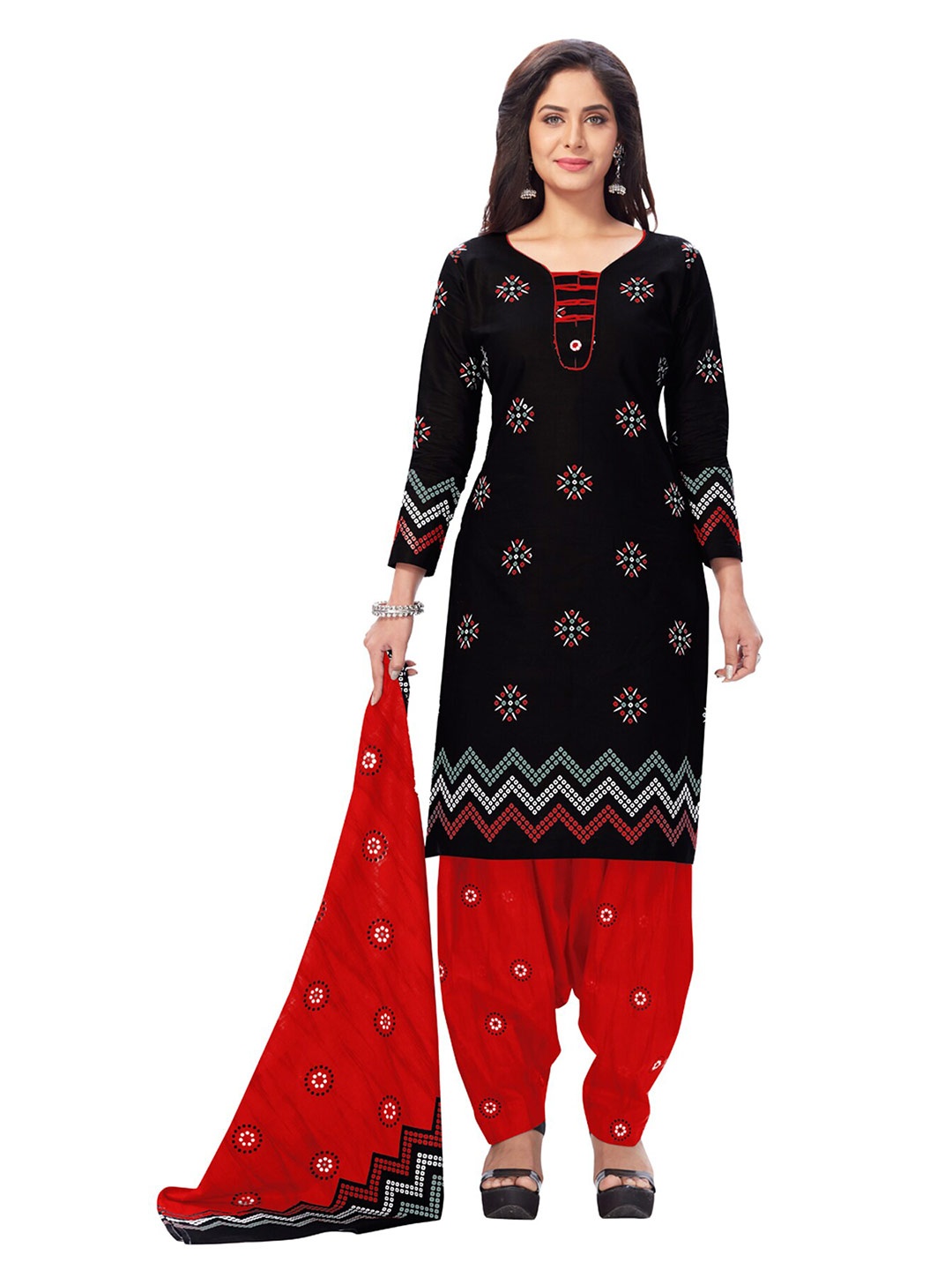 

SALWAR STUDIO Women Black & Red Printed Pure Cotton Unstitched Dress Material