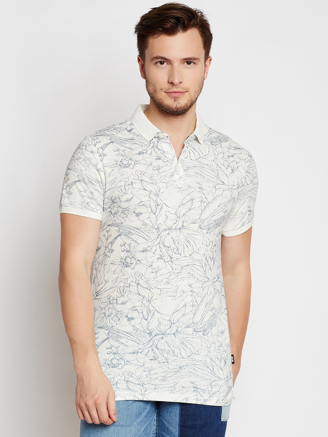 

Jack Jones Men White Printed Polo Collar Pure Cotton T-shirt