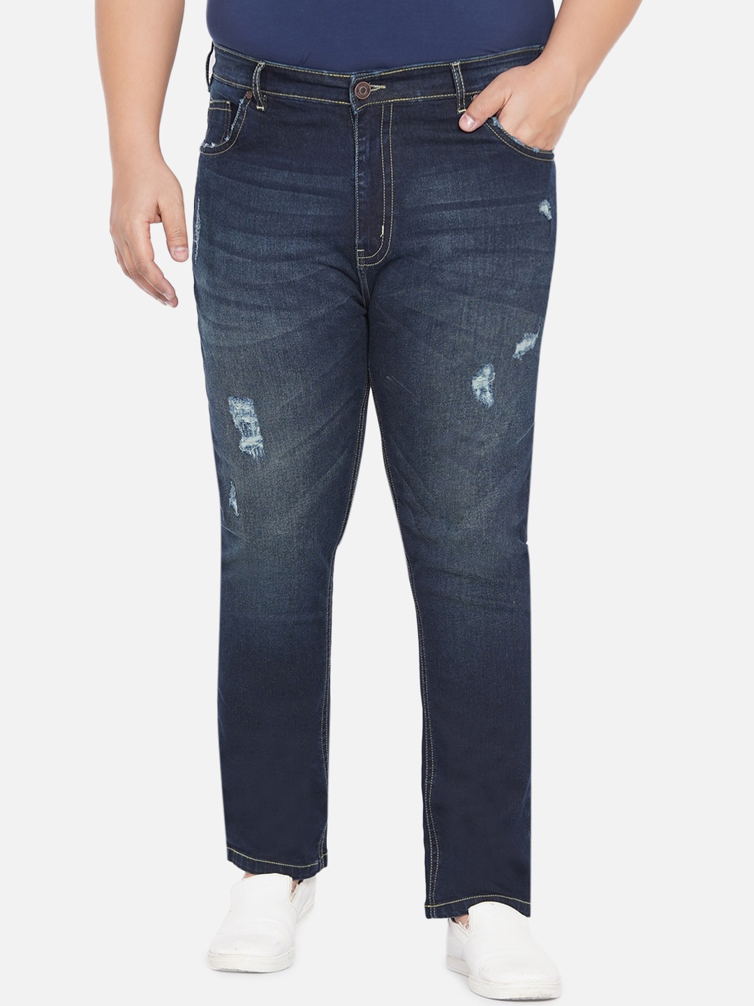 

John Pride Men Plus Size Blue Mildly Distressed Light Fade Stretchable Jeans