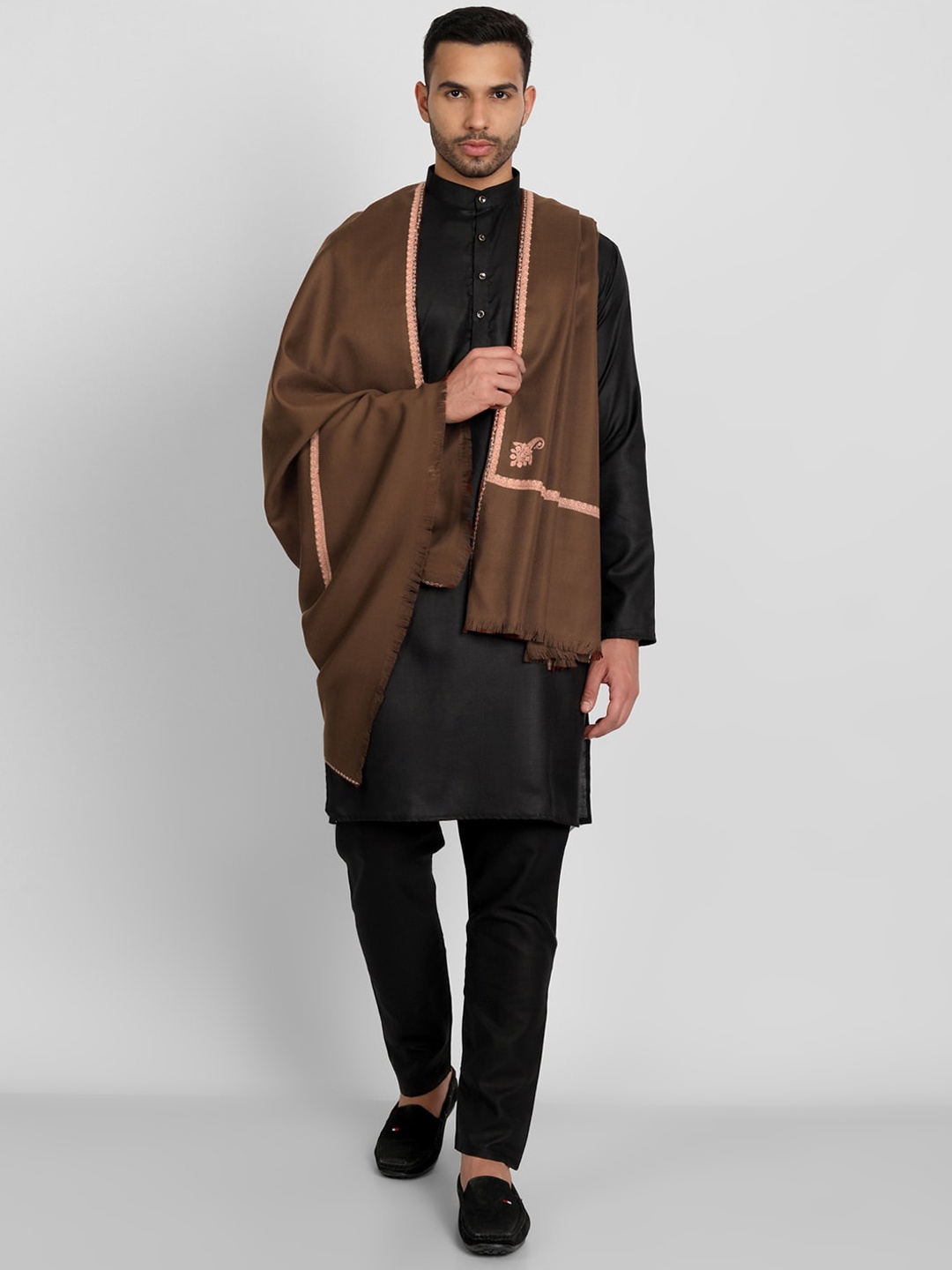 

Zamour Men Brown Embroidered Wool Shawl