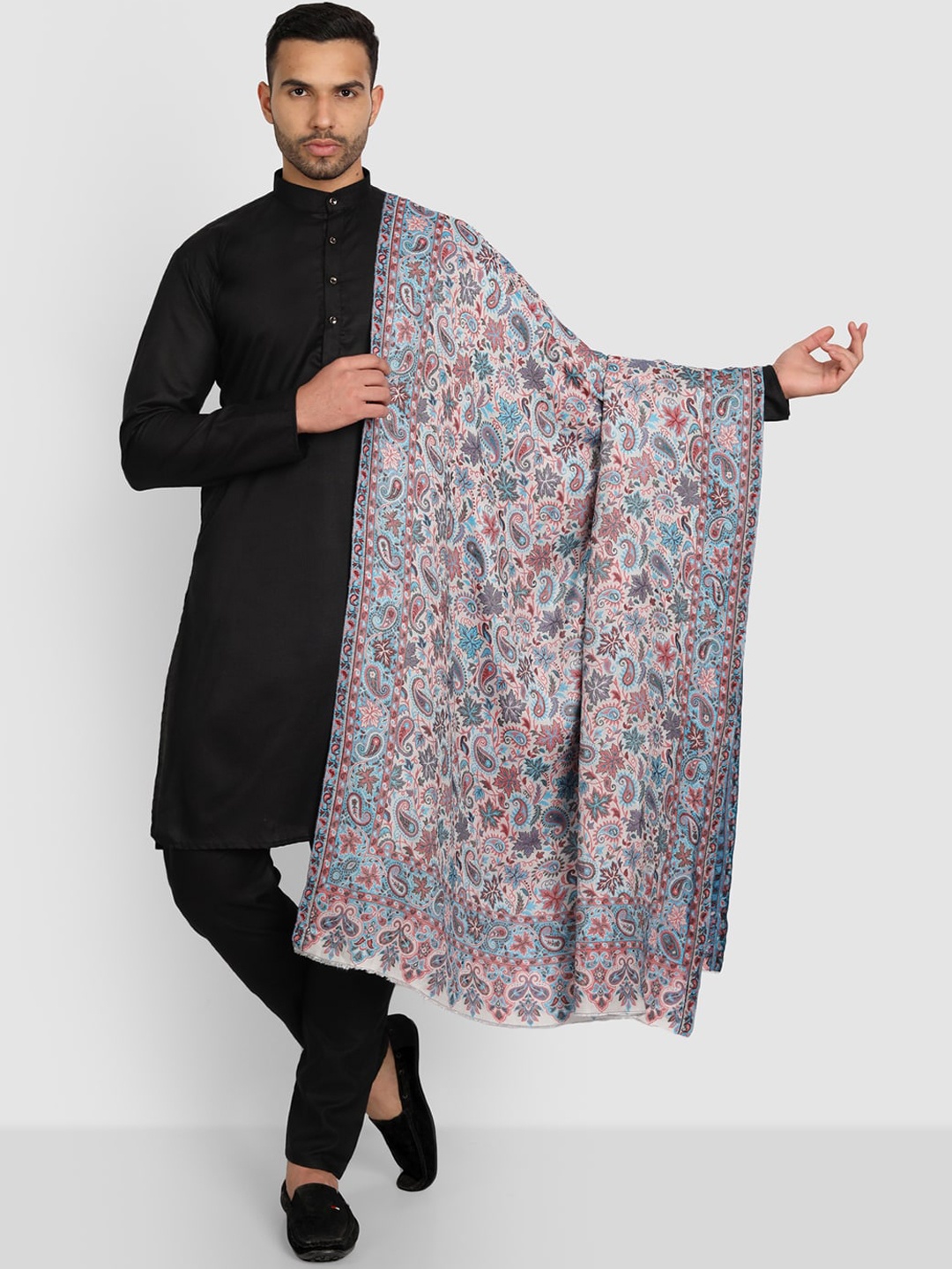 

Zamour Men White & Blue Woven-Design Shawl