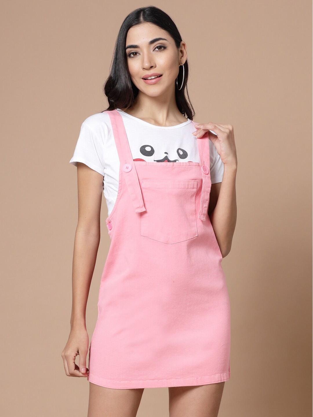 

HOUSE OF KKARMA Pink Solid Pinafore Mini Dress