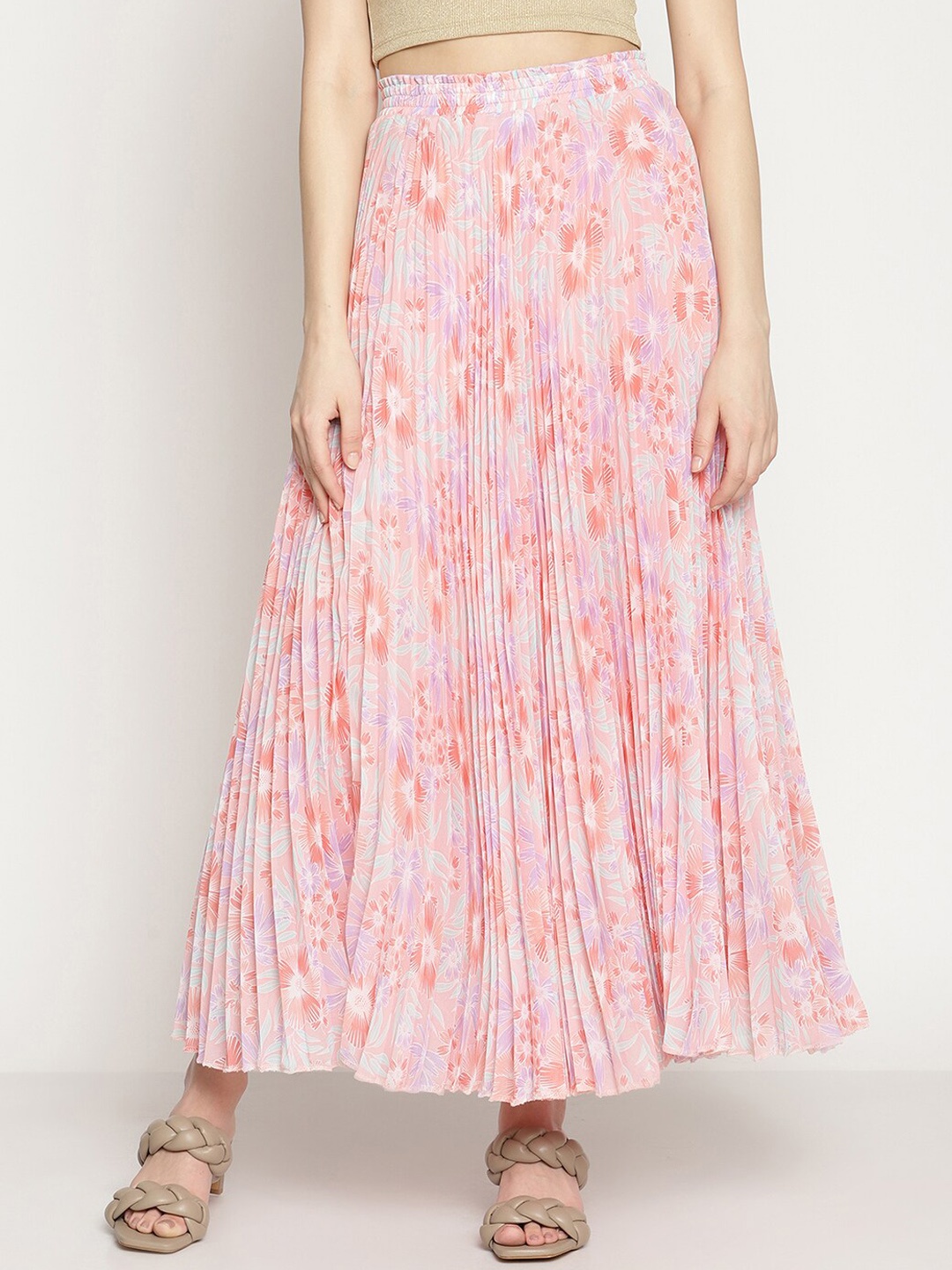 

COASTLAND Women Pink Floral Printed Pleated Flared Skirt