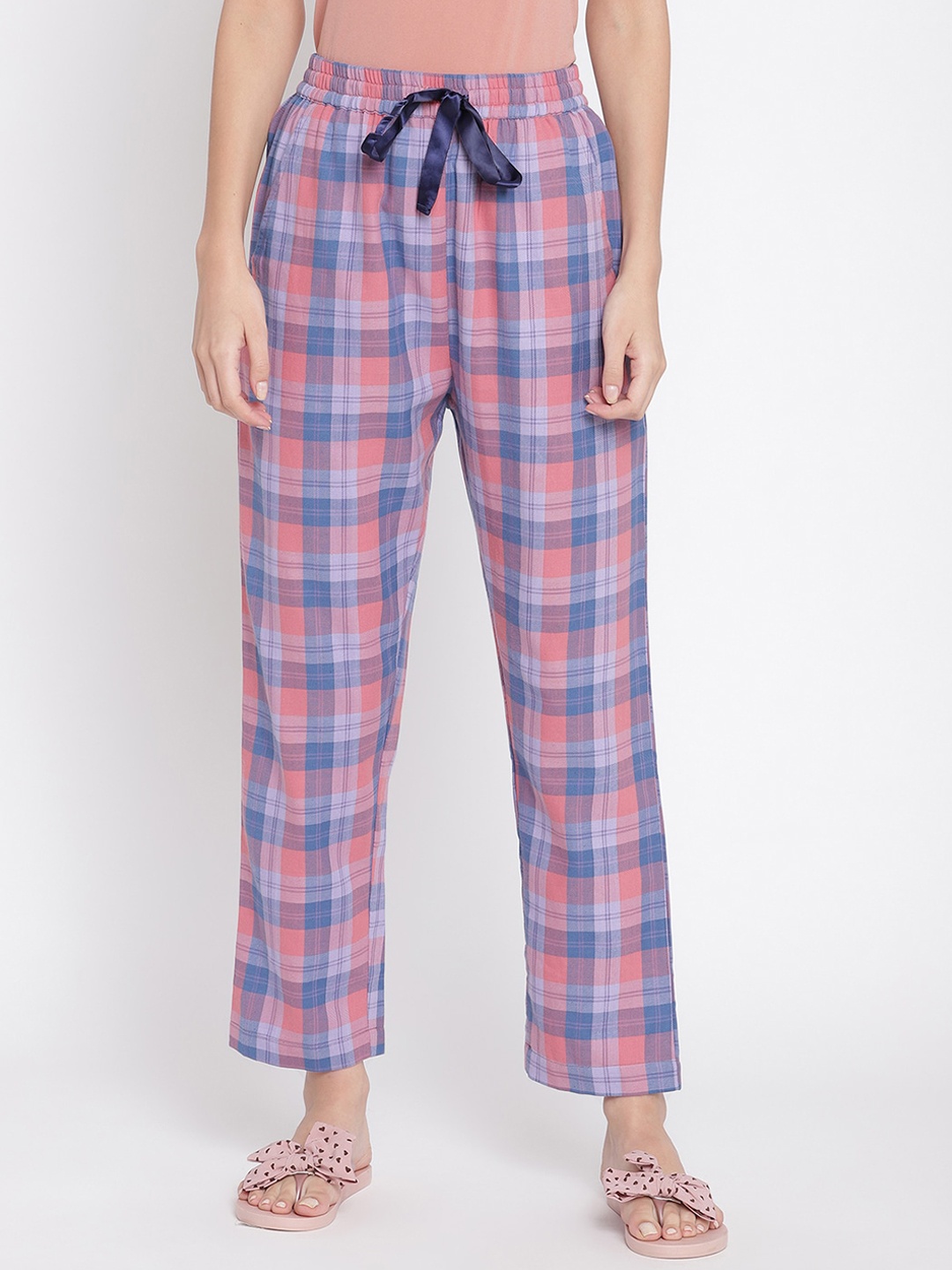 

COASTLAND Women Peach-Coloured & Blue Checked Cotton Lounge Pants