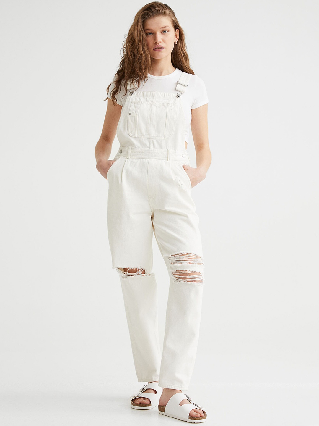 

H&M Women White Mom Fit Denim Dungarees