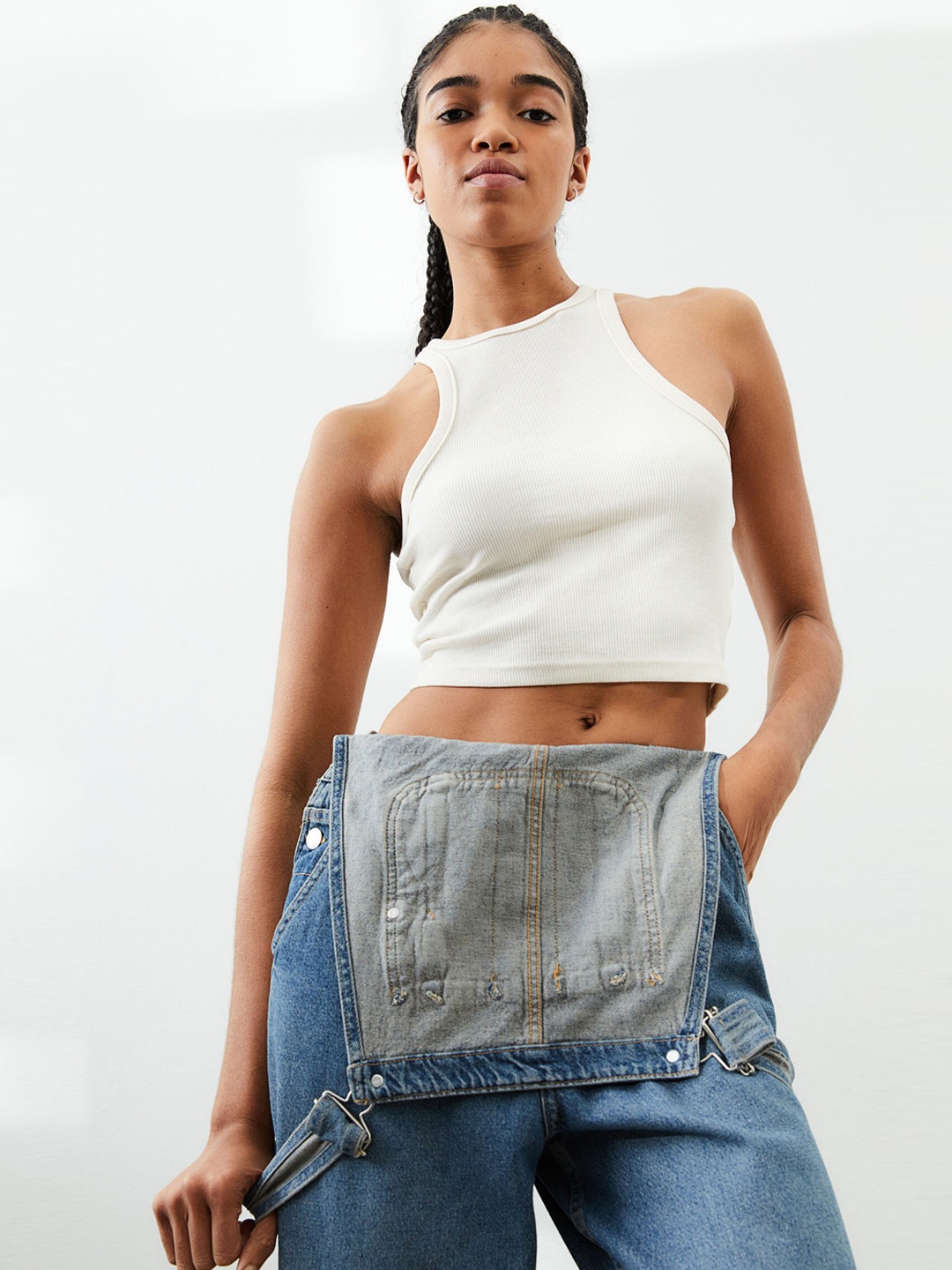 

H&M Women Blue Mom Fit Denim Dungarees
