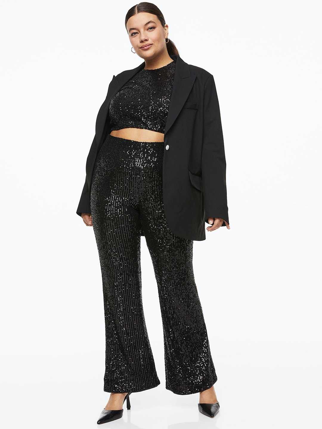 

H&M+ Women Plus Size Black Flared Sequined Trousers