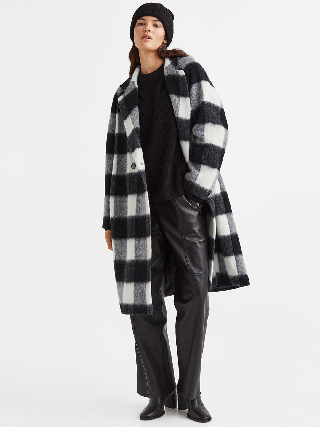 

H&M Women Black Double-Breasted Wool-Blend Coat