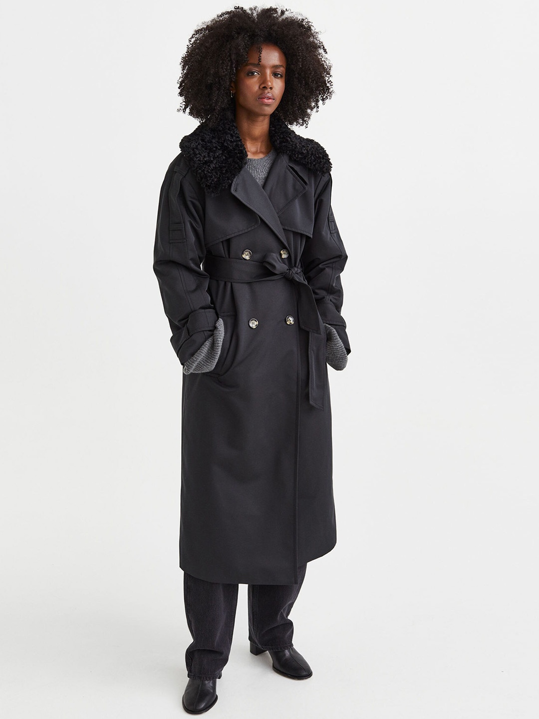 

H&M Women Black Double-Breasted Trenchcoat