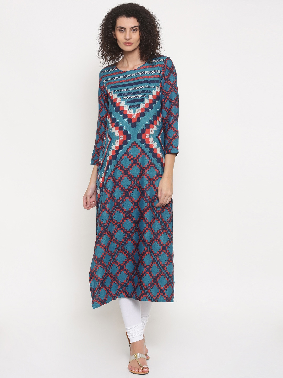 

Global Desi Women Blue Printed Straight Kurta