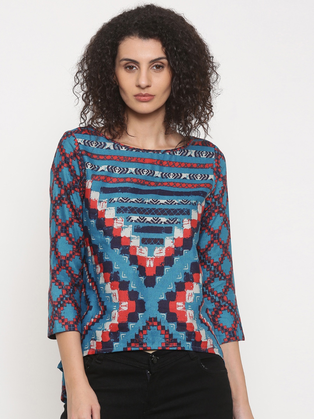 

Global Desi Women Blue Printed Top