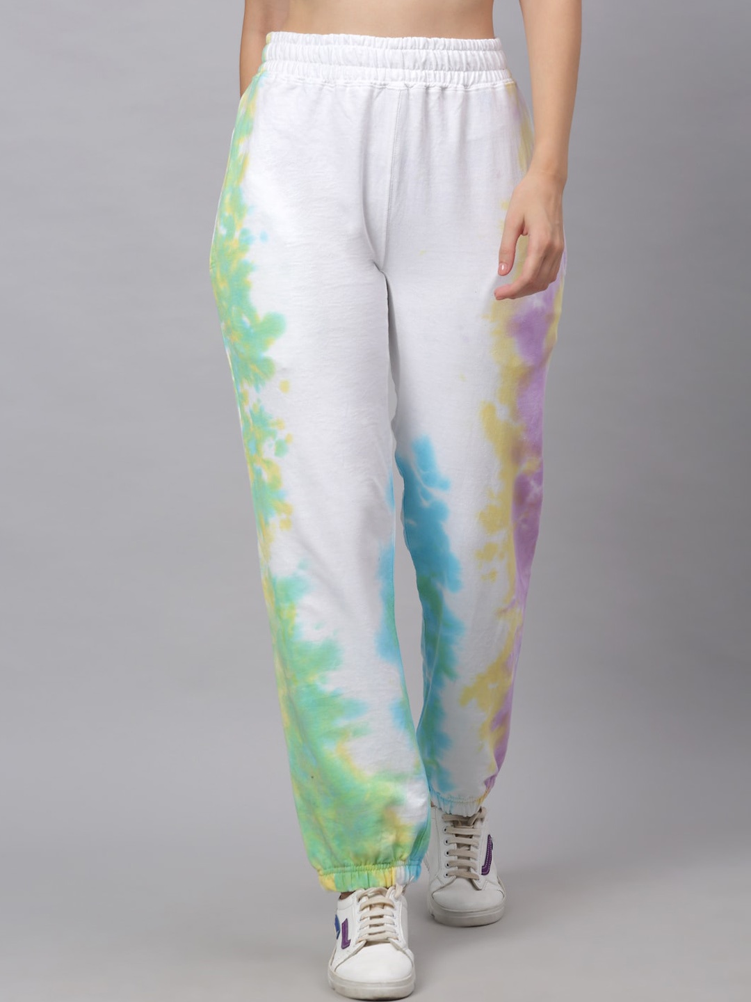 

Ennoble Women White & Green Tie & Dye Printed Cotton Joggers