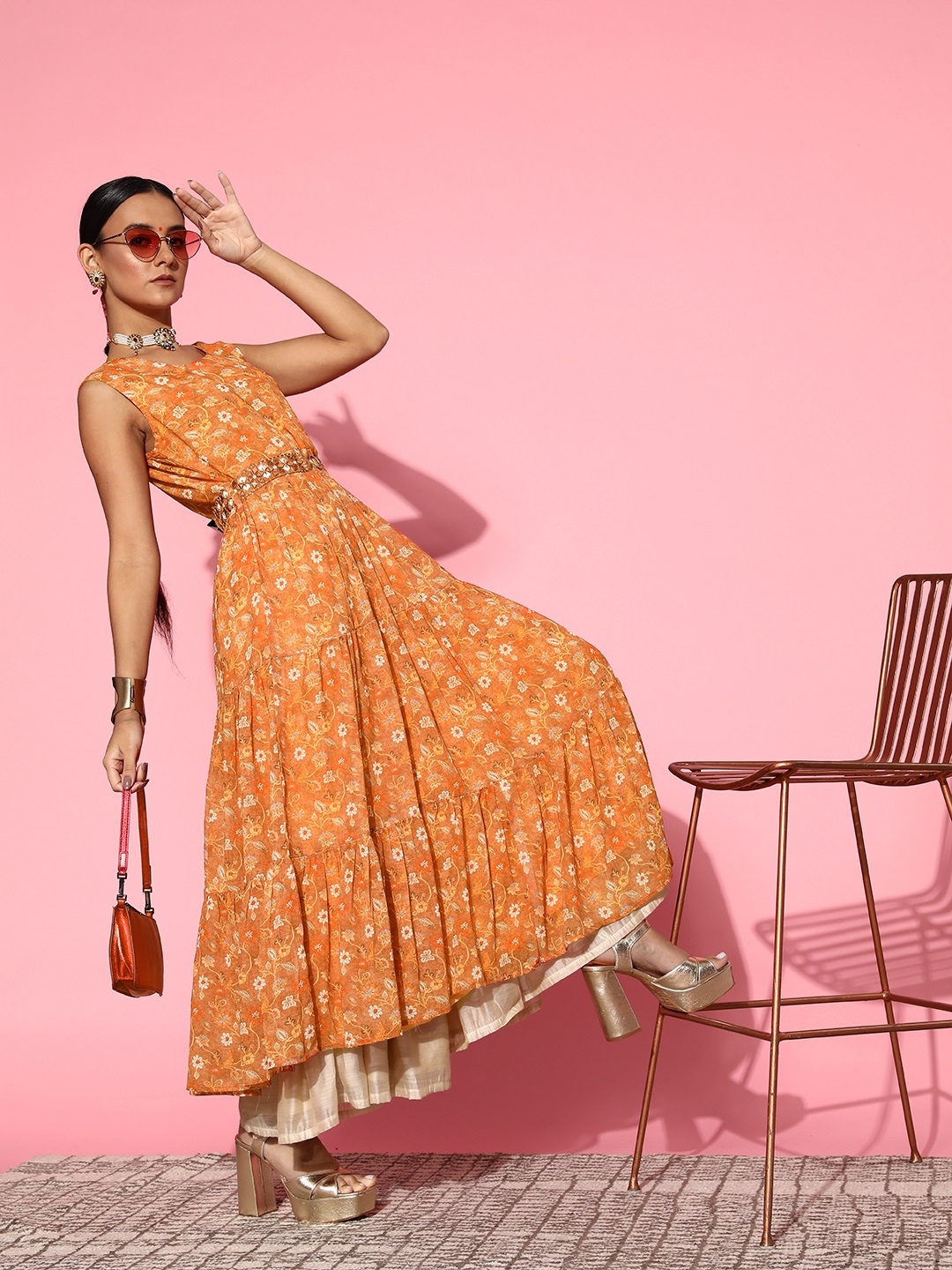 

ZOLA Women Orange Floral Printed Belted Detail Georgette Anarkali Kurta