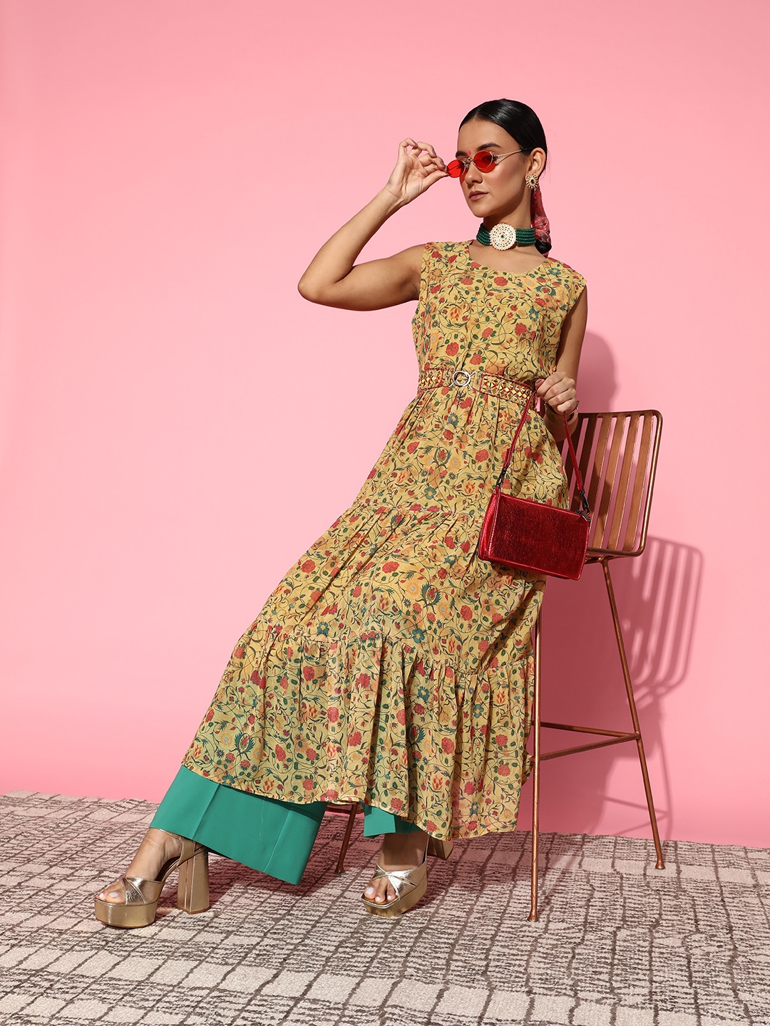 

ZOLA Women Lime Green Floral Printed Belted Detail Georgette Anarkali Kurta