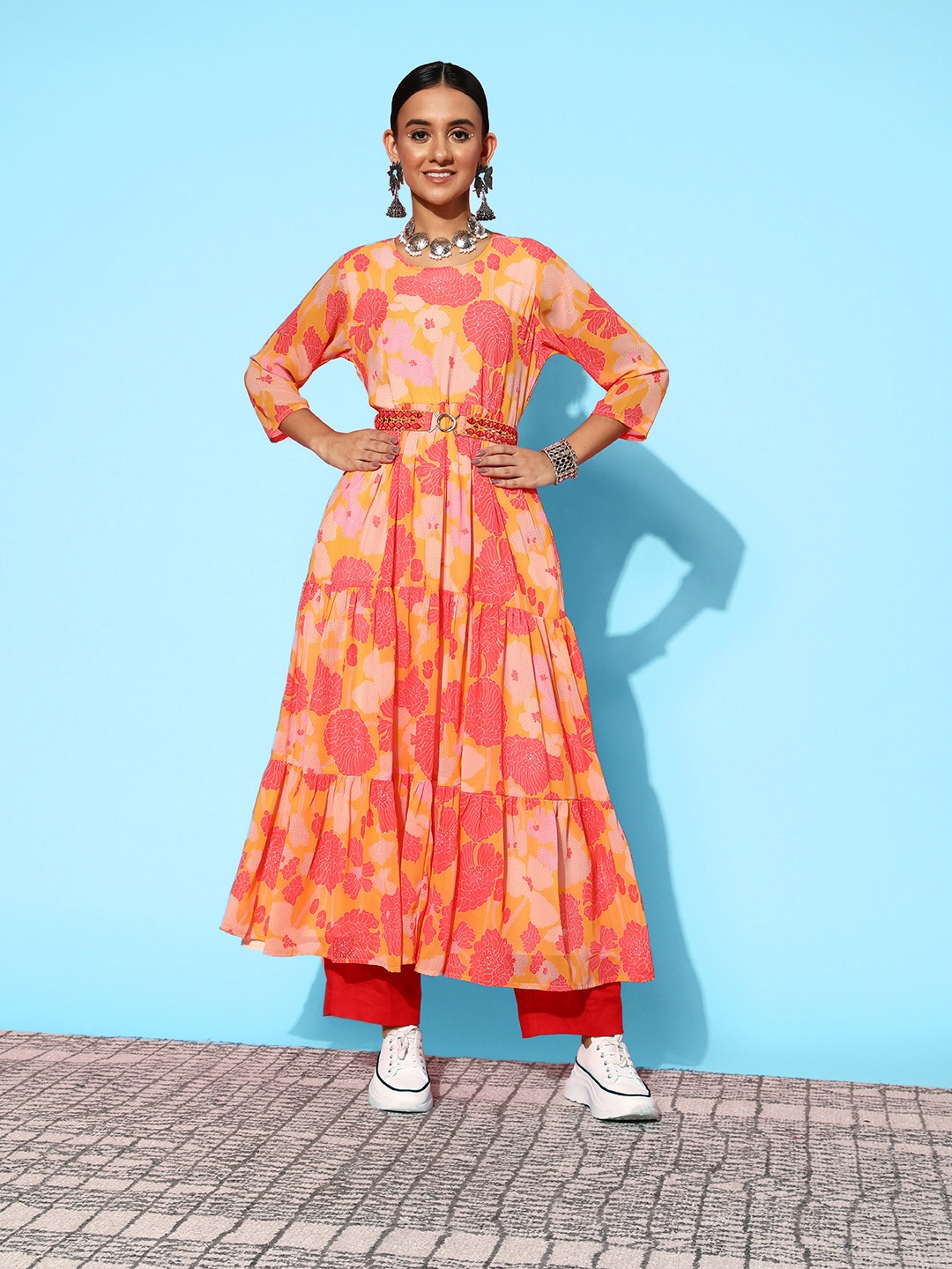 

ZOLA Women Mustard Yellow Floral Printed Belted Detail Georgette Anarkali Kurta