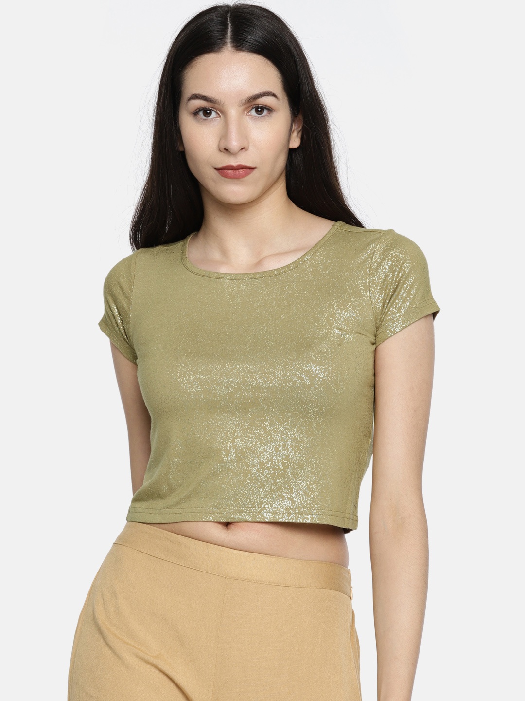 

Global Desi Women Beige & Gold-Toned Printed Crop Top