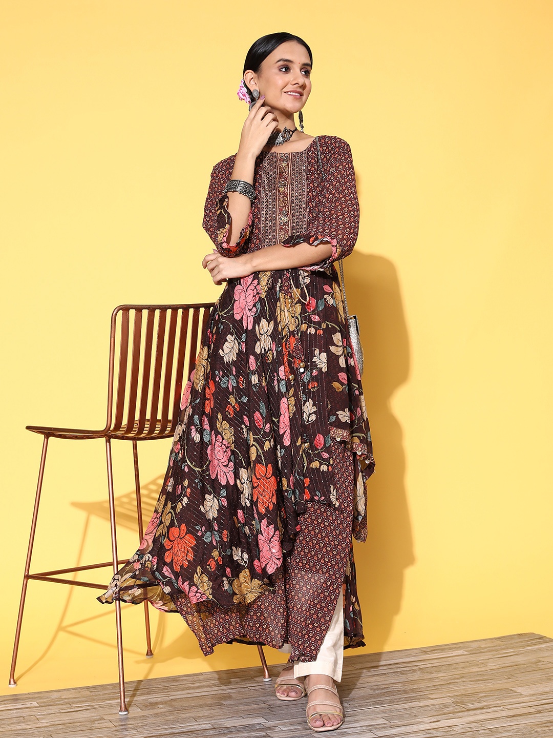 

ZOLA Women Brown Floral Print Layered Bell Sleeves Fit & Flare Dress