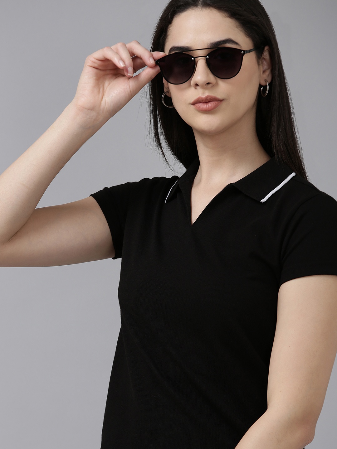 

Van Heusen Woman Solid Polo Collar Casual T-shirt, Black